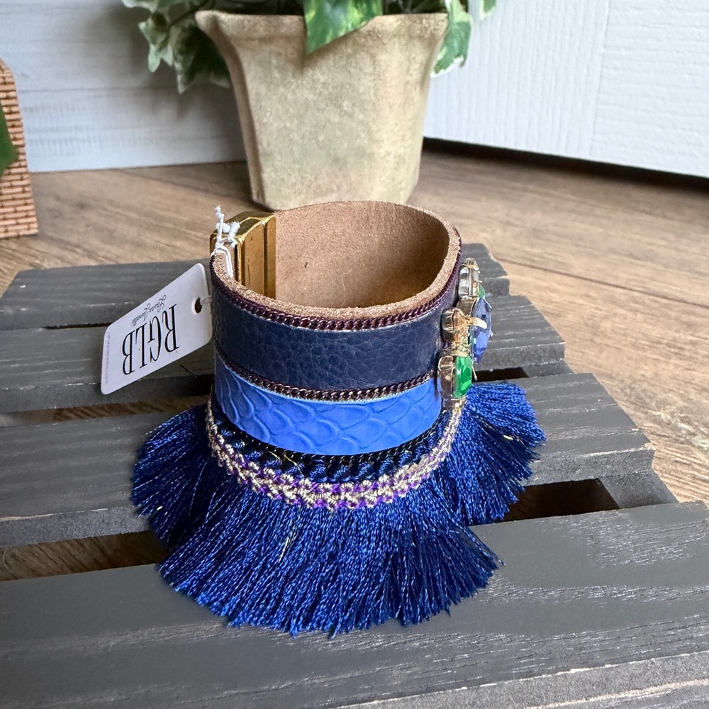 Laura Janelle RGLB Blue Leather Gemstone Cuff Bracelet 7" - NWT, Boho Bracelet - Picture 3 of 9
